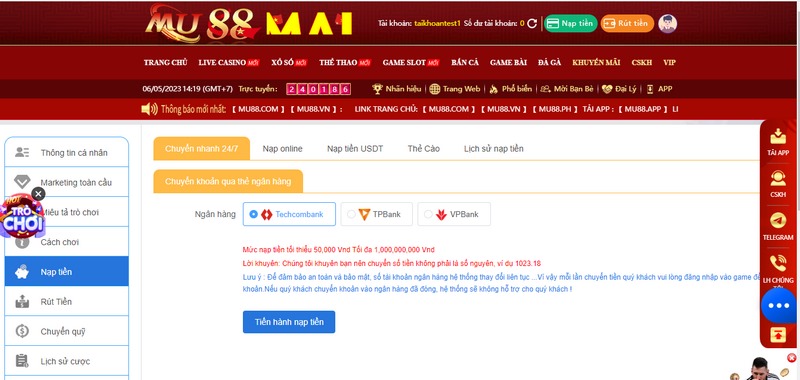 Làm sao để nạp tiền MU88 bằng thẻ cào ?